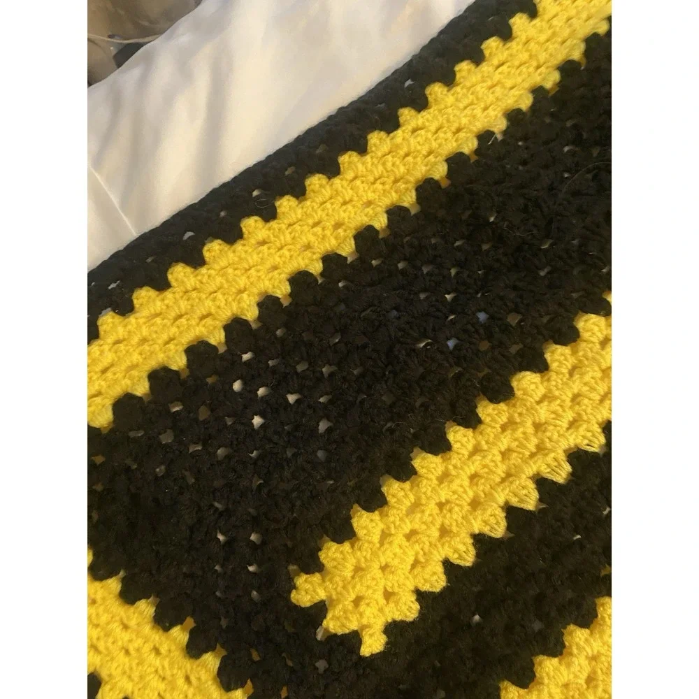 Handmade Crochet Blanket Black & Yellow Steelers Hawkeyes 66 x 59 Afghan